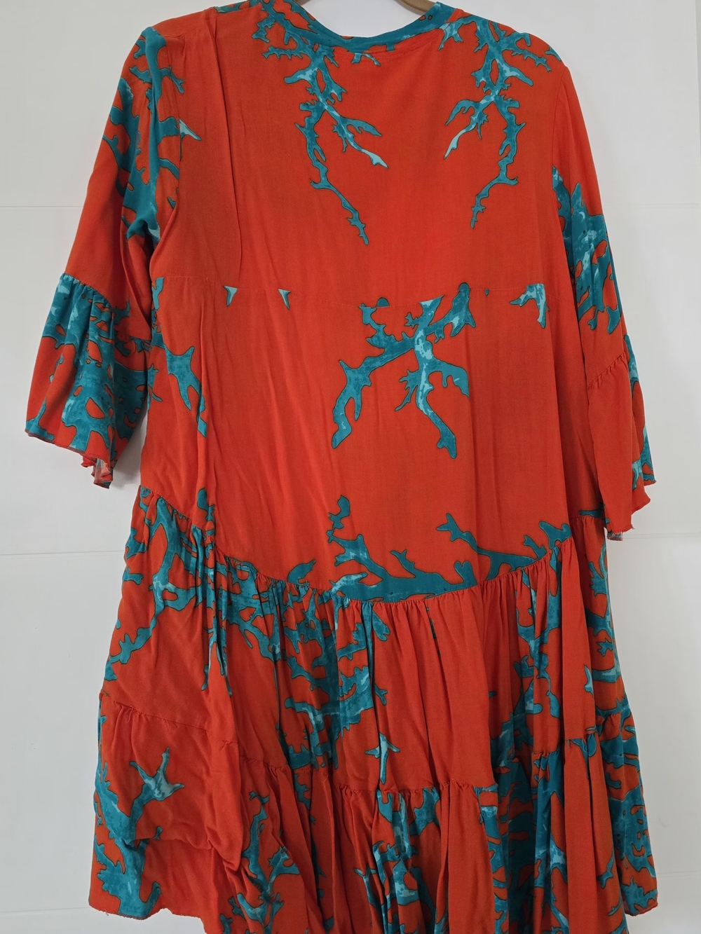 Turkis Otantik Cotton Coral Print Mini Dress Bell Sleeve Orange Turquoise L - Picture 6 of 9